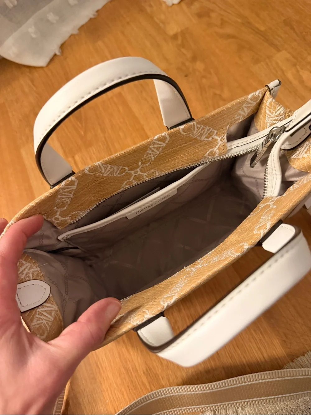 MICHAEL KORS Beige & White Jet Set Logo Canvas Tote